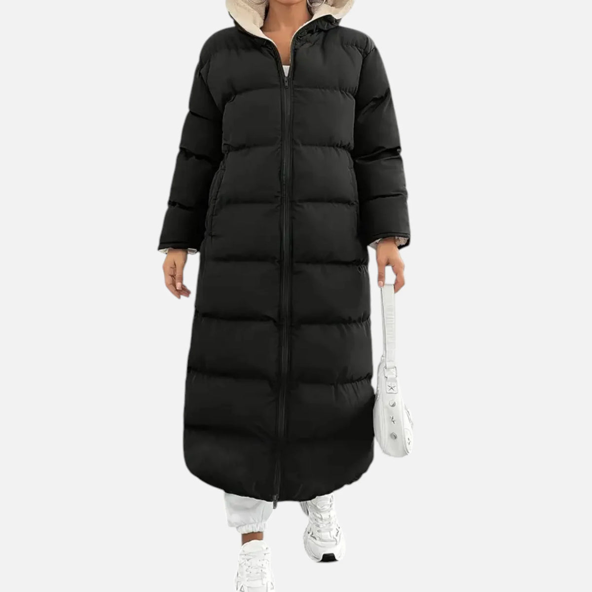Women's Black Maxi Puffer Coat with Sherpa-Lined Hood