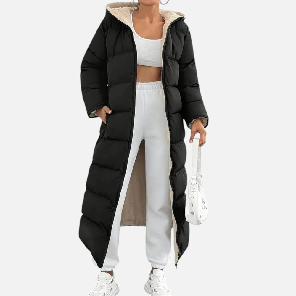 Women's Black Maxi Puffer Coat with Sherpa-Lined Hood, view 2