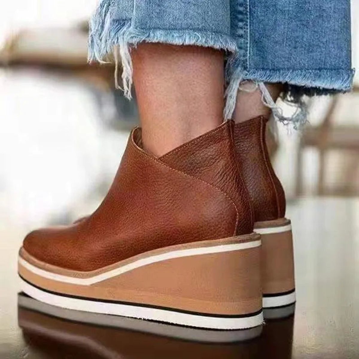 Women's Wedge Platform Zip-Up Ankle Boots with Rounded Toe, view 4