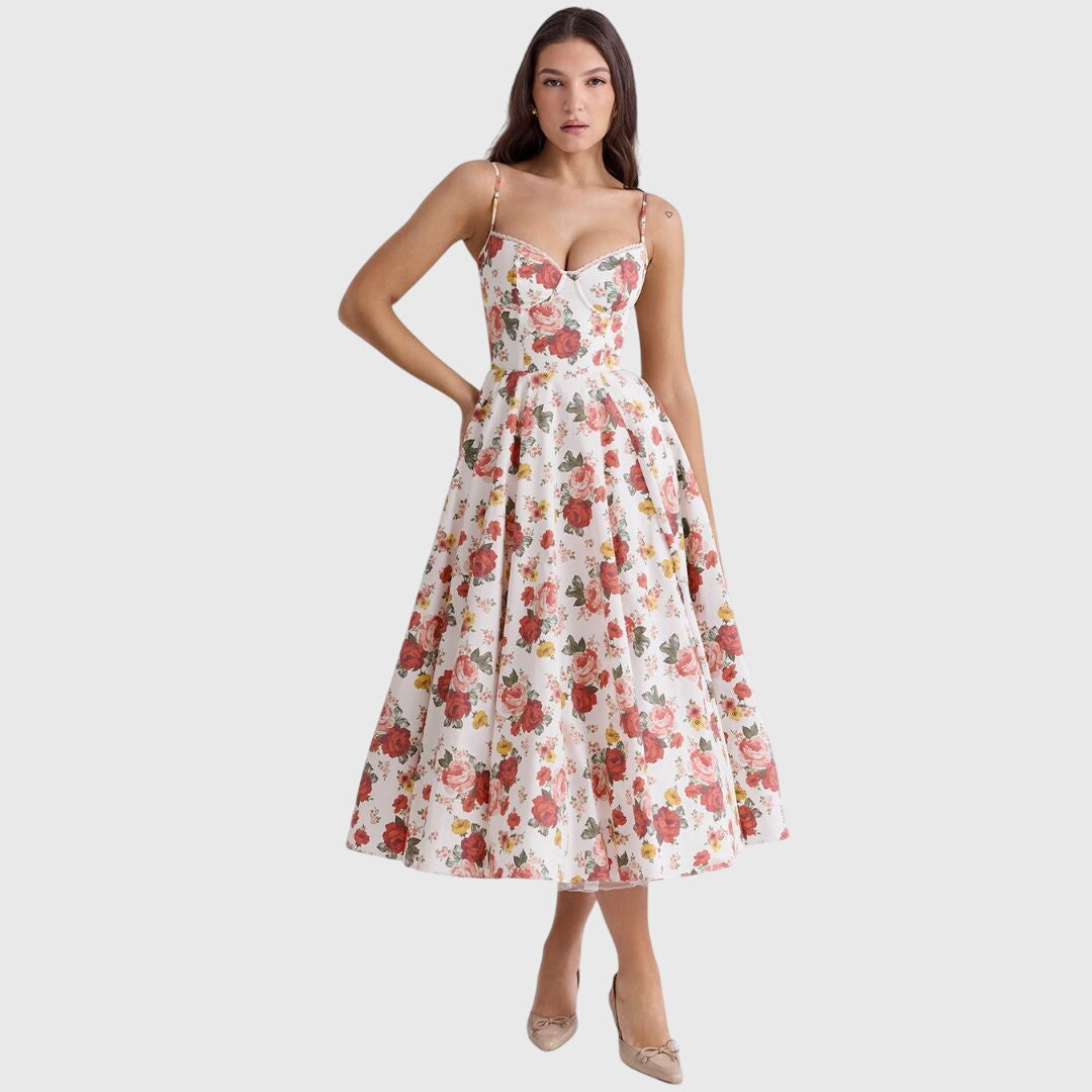 Women's Lined Maxi Dress with Pockets and Adjustable Straps in Floral