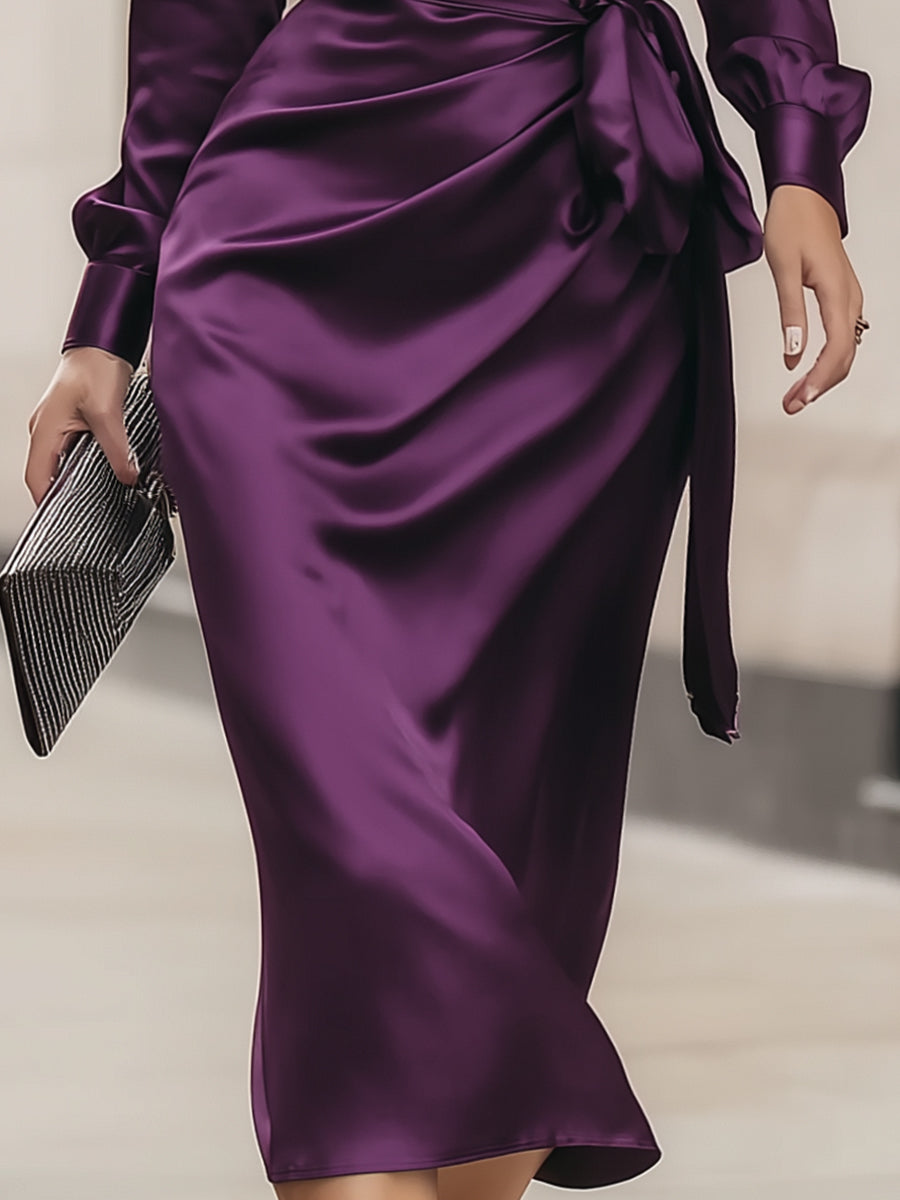 Women's Plum Satin Wrap Midi Dress with Ruched Sleeves, view 3