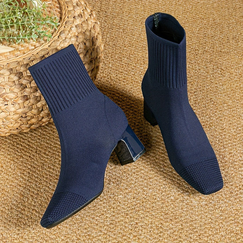 Women's Stretch Knit Sock Ankle Boots with Square Toe and Block Heel in Blue