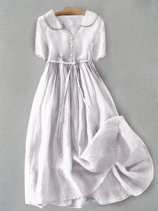 Women's Mid Sleeve Cotton Linen Midi Dress with Lace-Up Waist in White