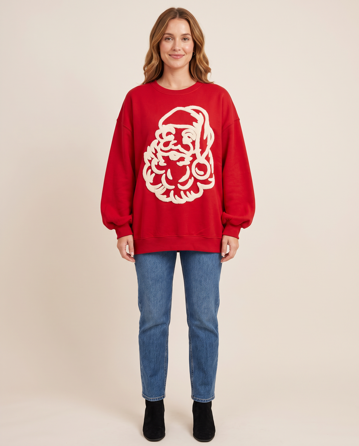 Women's Christmas Sweater, Fuzzy Santa Oversized Sweatshirt — red with cream Santa, studio front