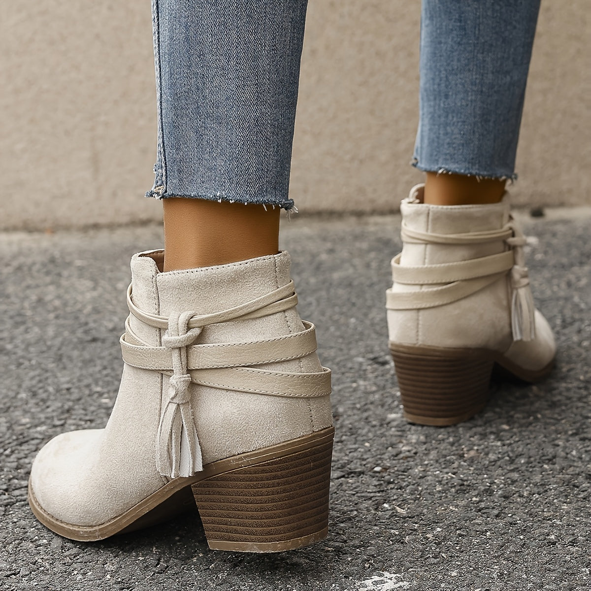 Women's Pointed Toe Tassel Wrap Ankle Boots with Block Heel, view 3