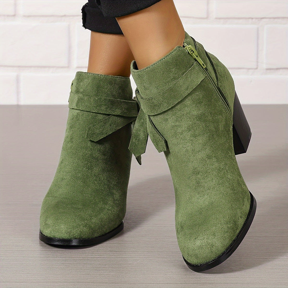 Women's Pointed Toe Ankle Boots with Rear Bow and Block Heel in Green