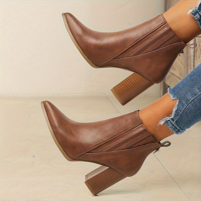Women's Pointed Toe Pull-On Ankle Boots with Square Block Heel, view 2