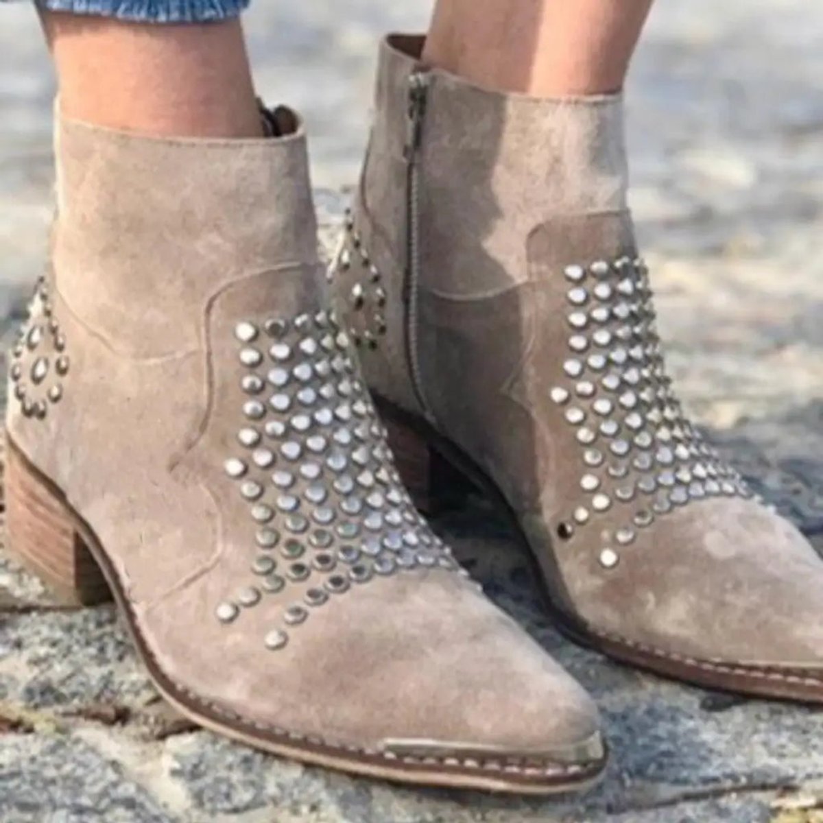 Women's Studded Suede Side-Zip Ankle Boots with Block Heel, view 2