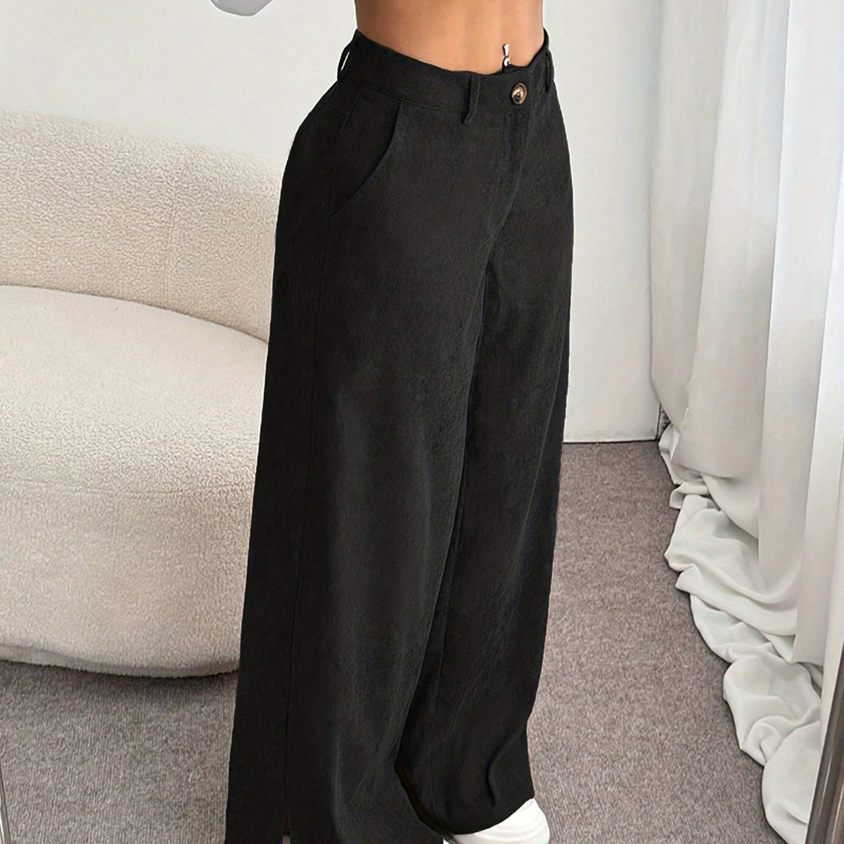Women's Deep Gray High-Waisted Straight-Leg Pants