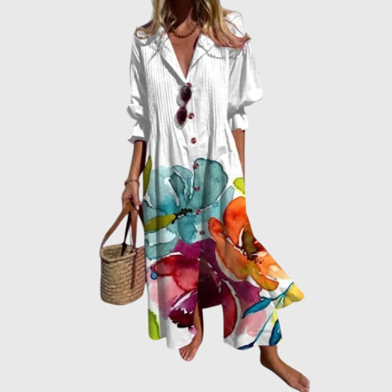Women's Bohemian Print Flowy Maxi Beach Dress in White