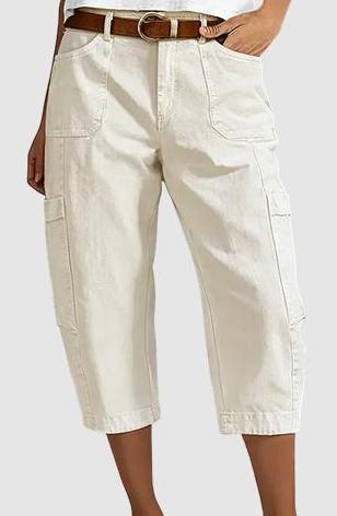 Women's Relaxed Cargo Capri Pants with Side Pockets in White