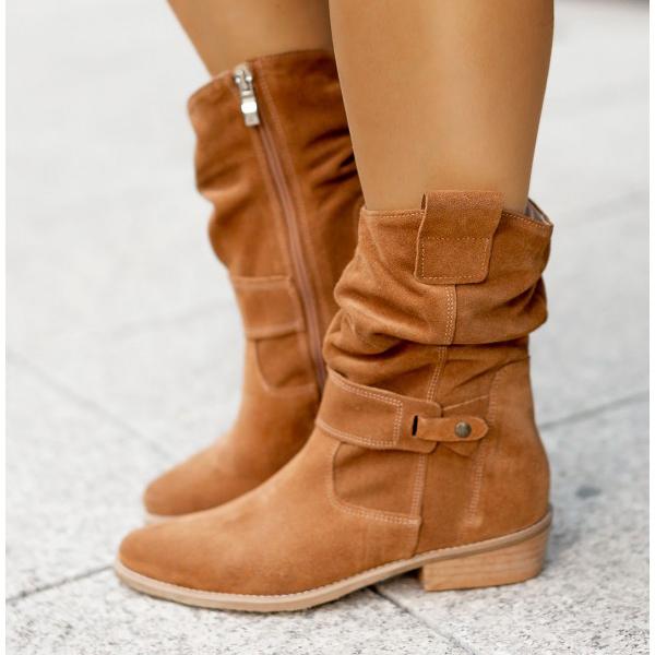 Women's Suede Fold-Over Cuff Slouch Ankle Boots with Low Block Heel in Brown