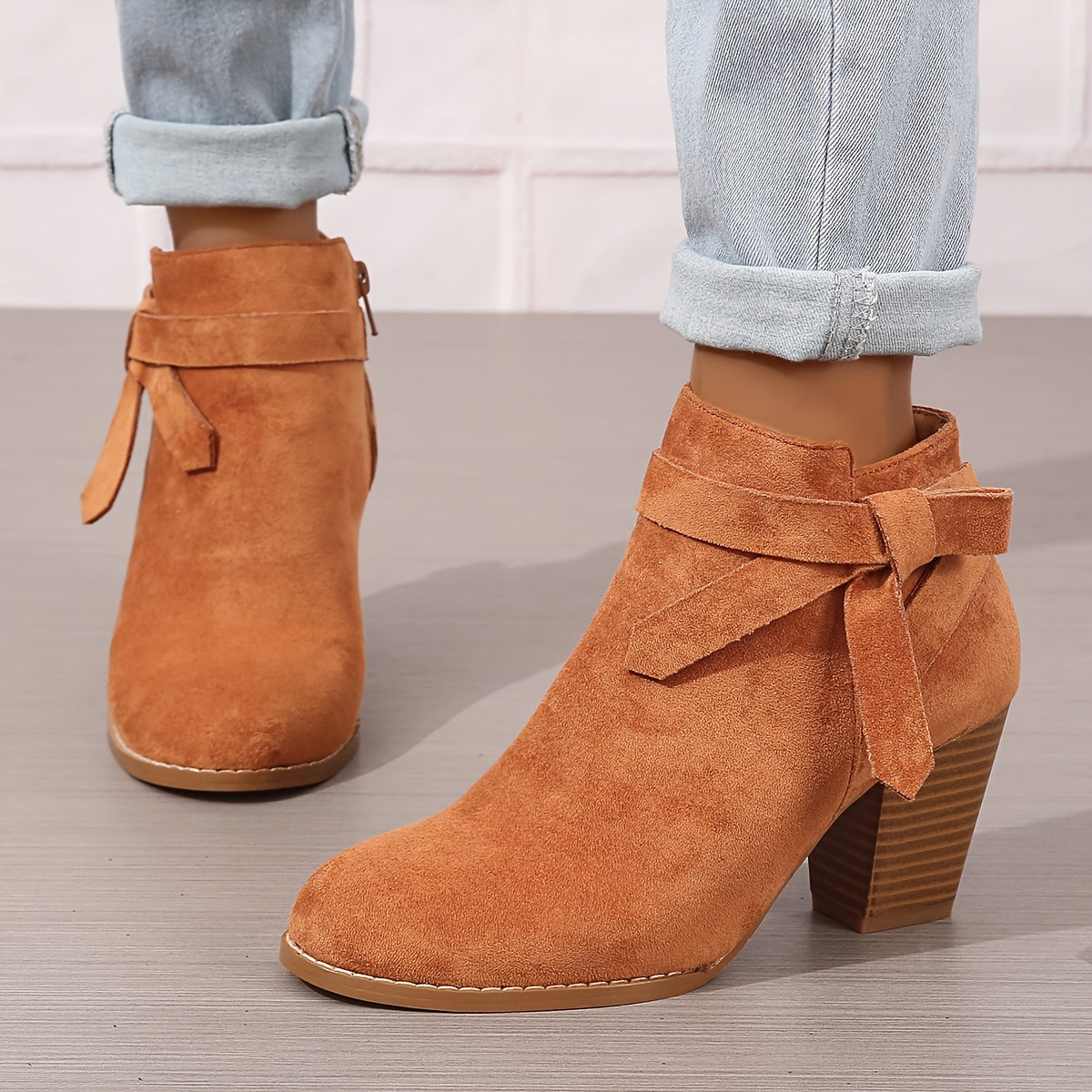 Women's Pointed Toe Ankle Boots with Rear Bow and Block Heel, view 5