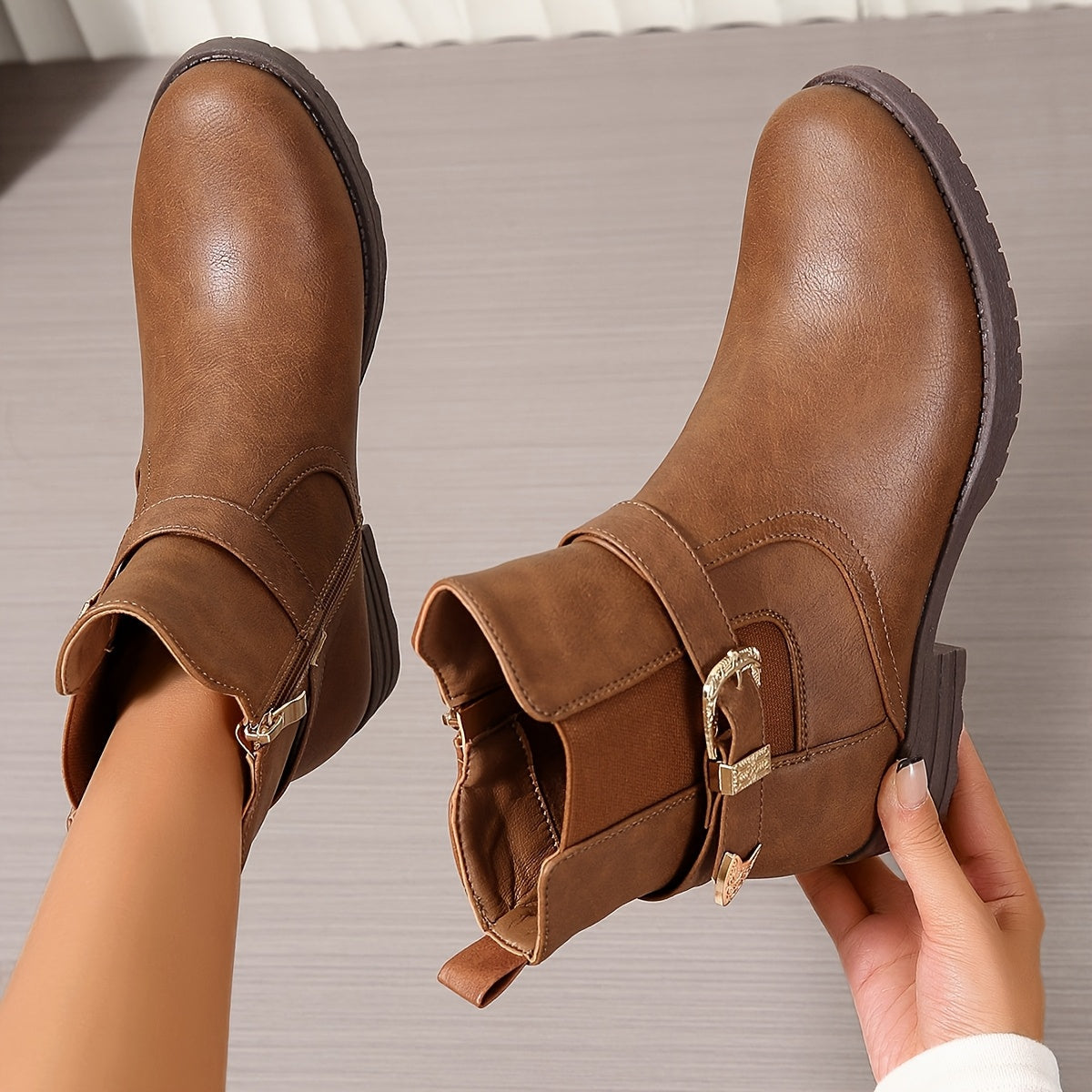 Women's Western Buckle Ankle Boots with Back Zip and Block Heel, view 4