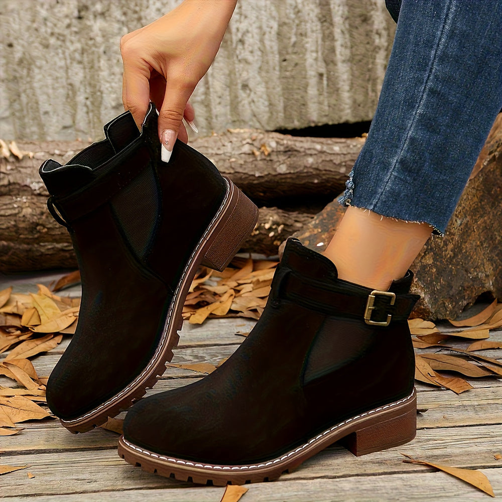 Women's Suede-Like Buckle Strap Chelsea Boots with Low Block Heel, view 2