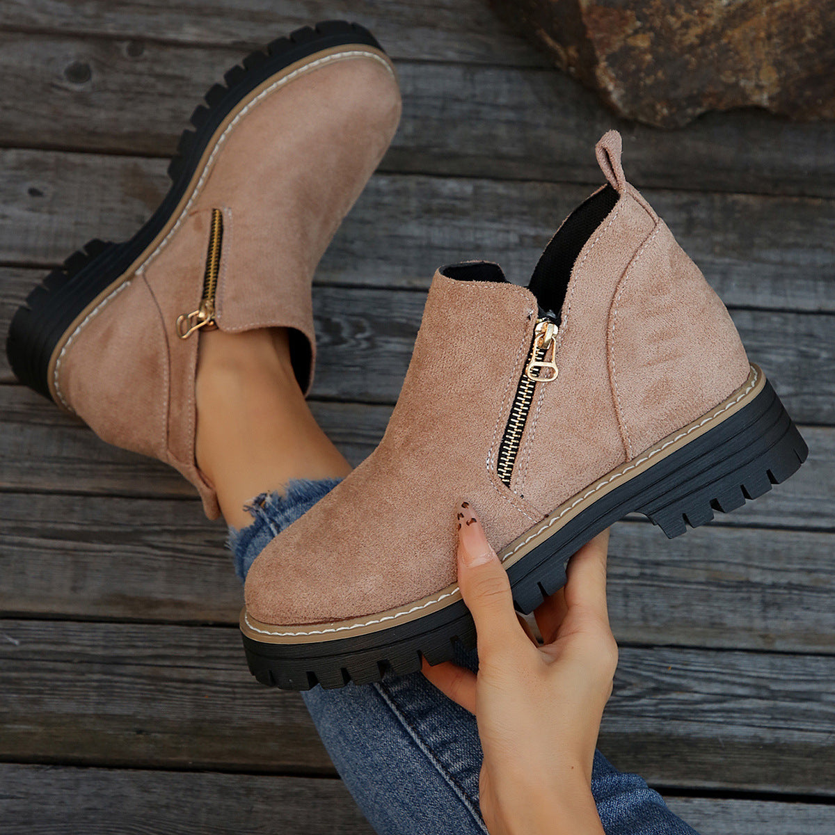 Women's Suede-Style Chunky Lug Platform Ankle Boots with Side Zip in Pink