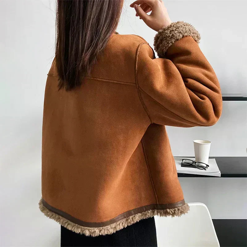 Women's Brown Sheepskin Leather Jacket with Plush Lining, view 3