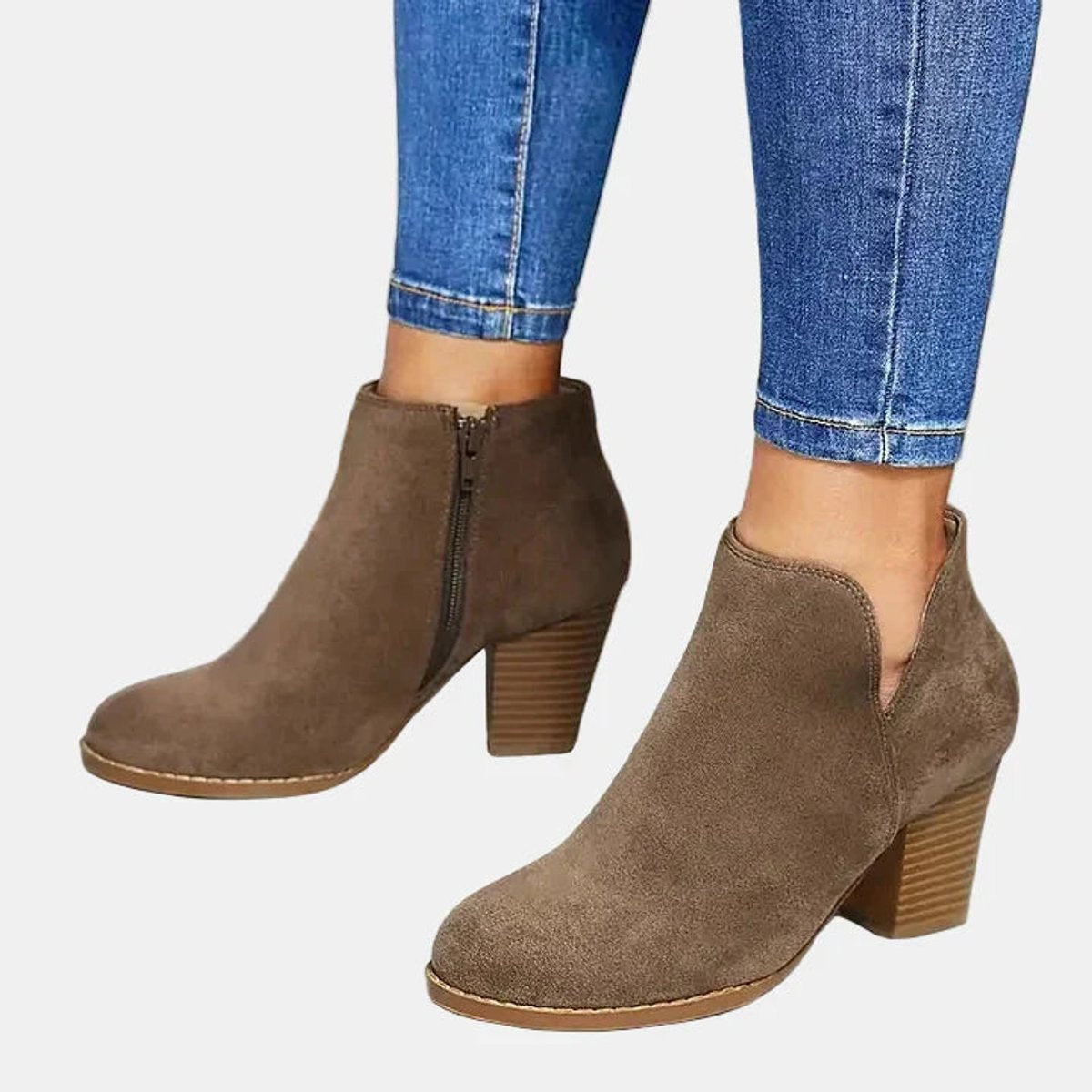 Women's Suede Block Heel Side-Zip Ankle Boots with Rounded Toe in Beige