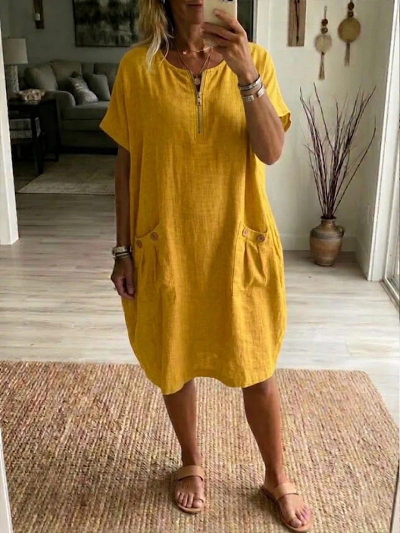 Women's Structured Fitted Dress with Front Zipper in Yellow
