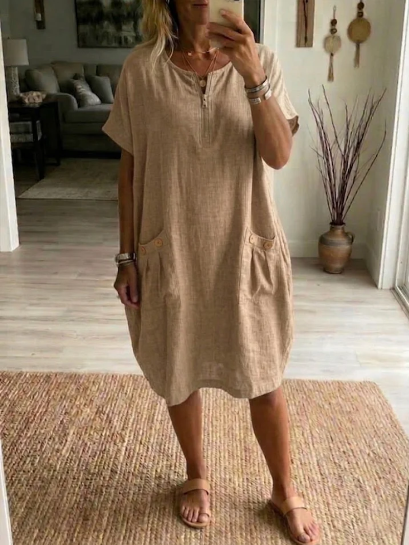 Women's Structured Fitted Dress with Front Zipper in Beige