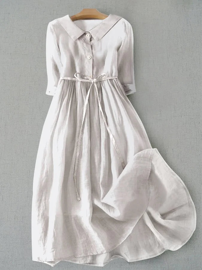 Women's Half Sleeve Cotton Linen Midi Dress with Lace-Up Waist in White