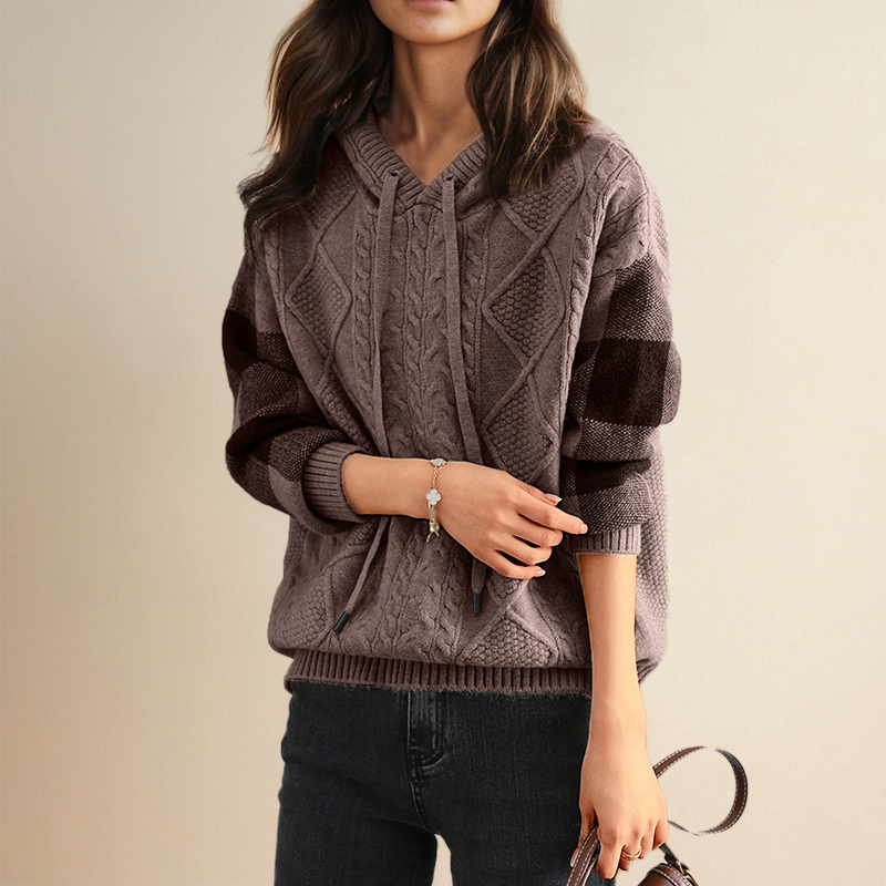Women's Hooded Cable Knit Pullover Sweater in Brown
