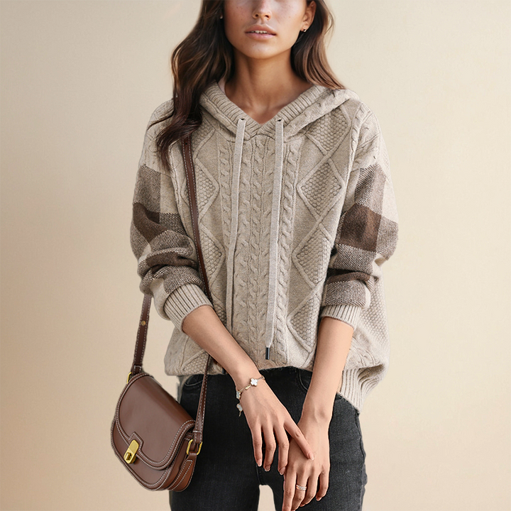 Women's Hooded Cable Knit Sweater, Chunky Pullover with Hood