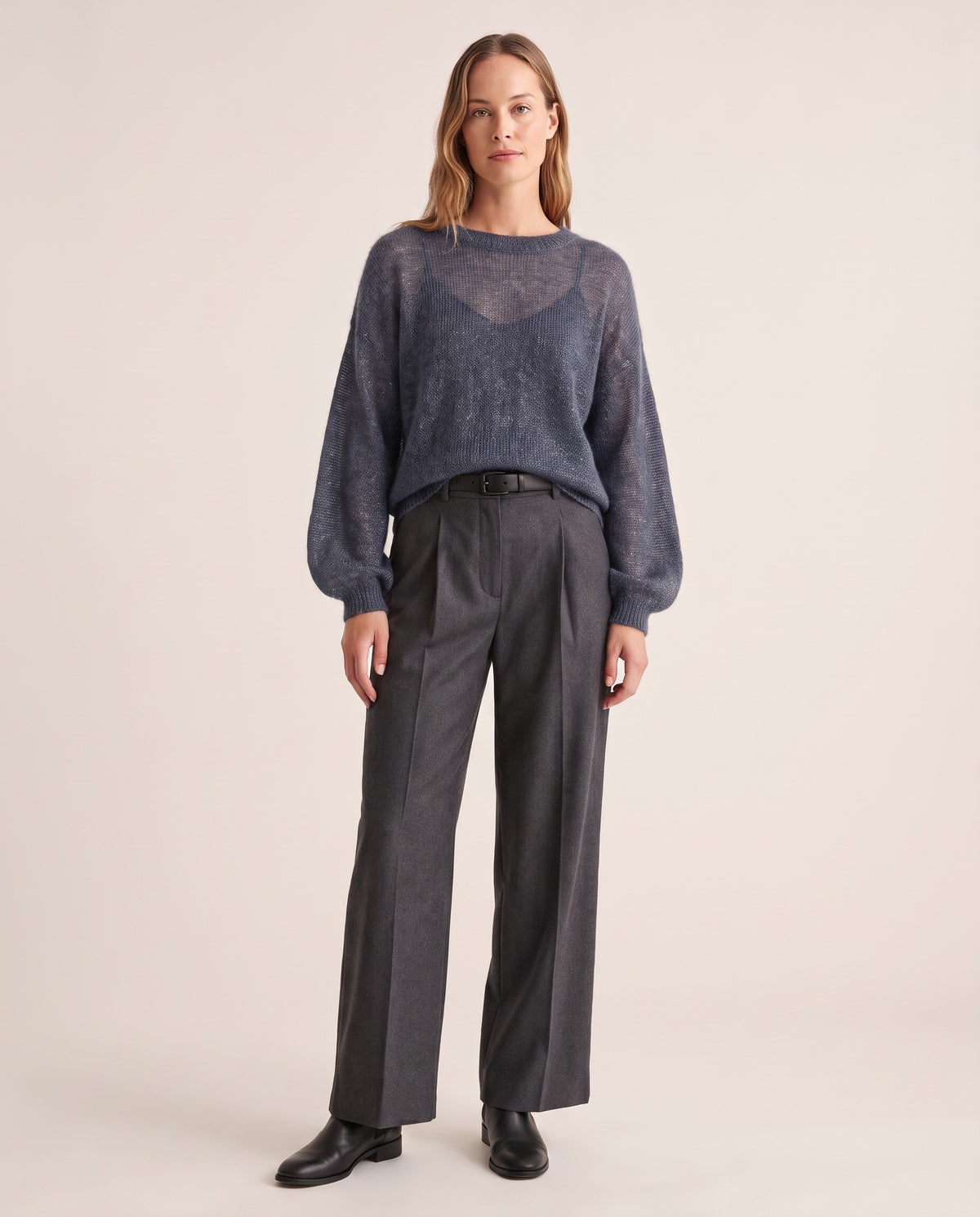 Women's Cashmere Silk Sweater — gray blue, studio front
