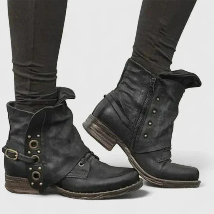 Women's Distressed Vintage Buckle Strap Ankle Boots with Rivets in Black