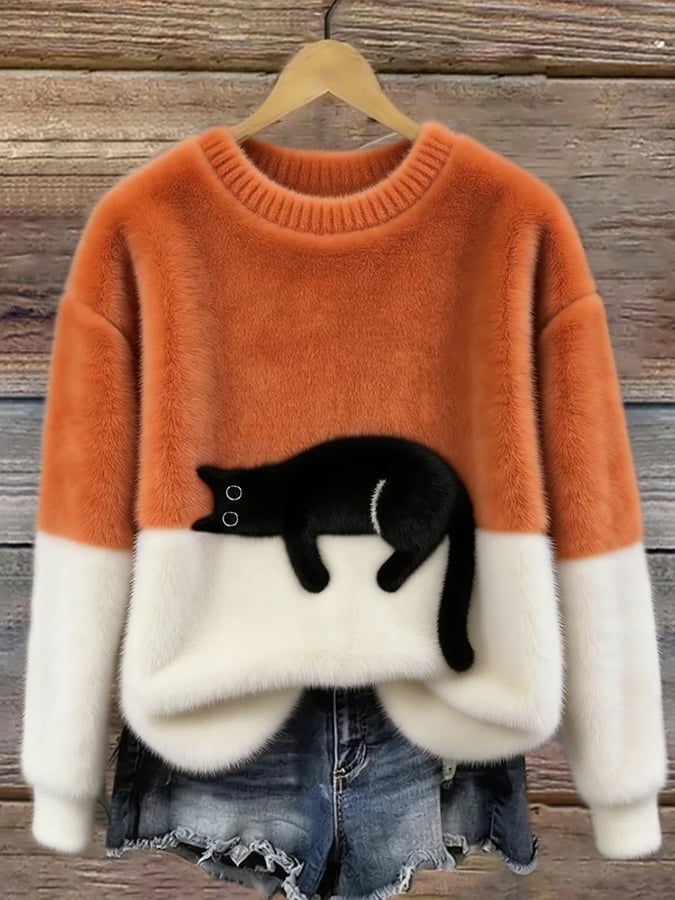 Women's Cotton-Blend Cat Graphic Pullover Sweater in Orange