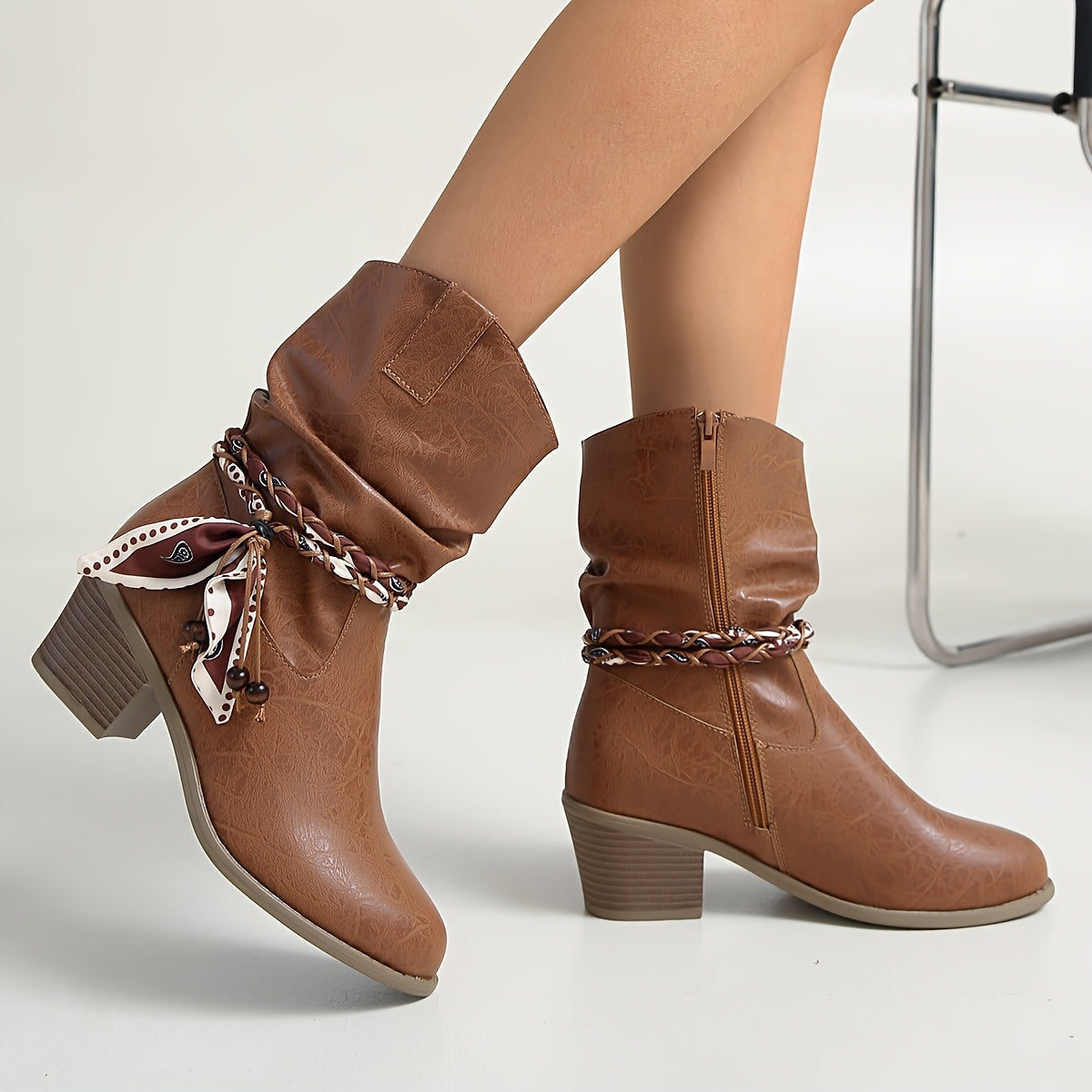 Women's Faux Leather Slouch Ankle Boots with Braided Bow Strap, view 4