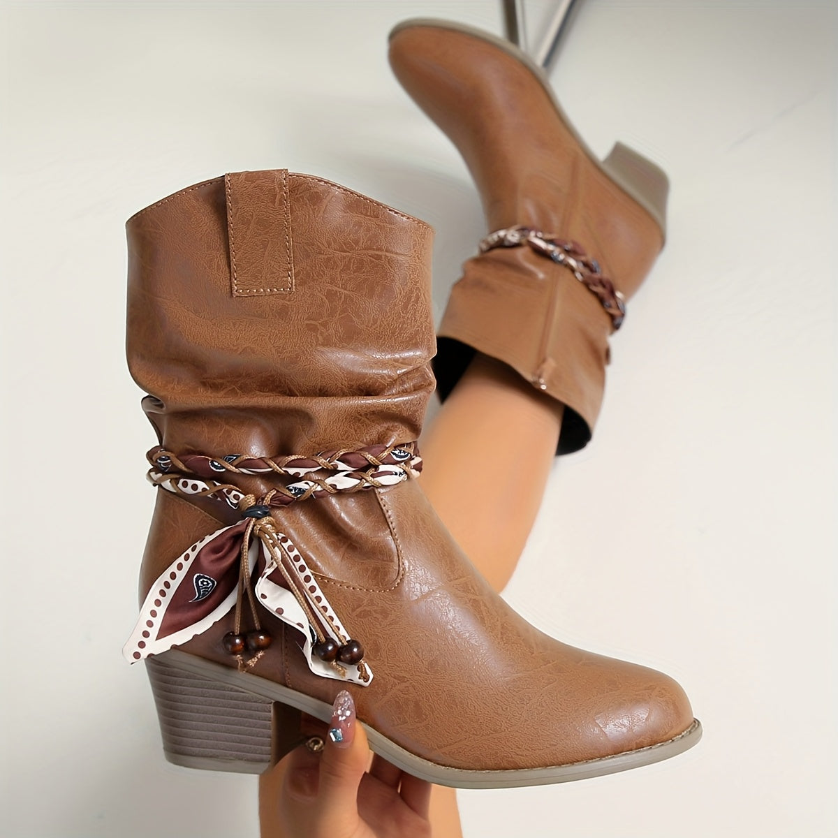 Women's Faux Leather Slouch Ankle Boots with Braided Bow Strap, view 8