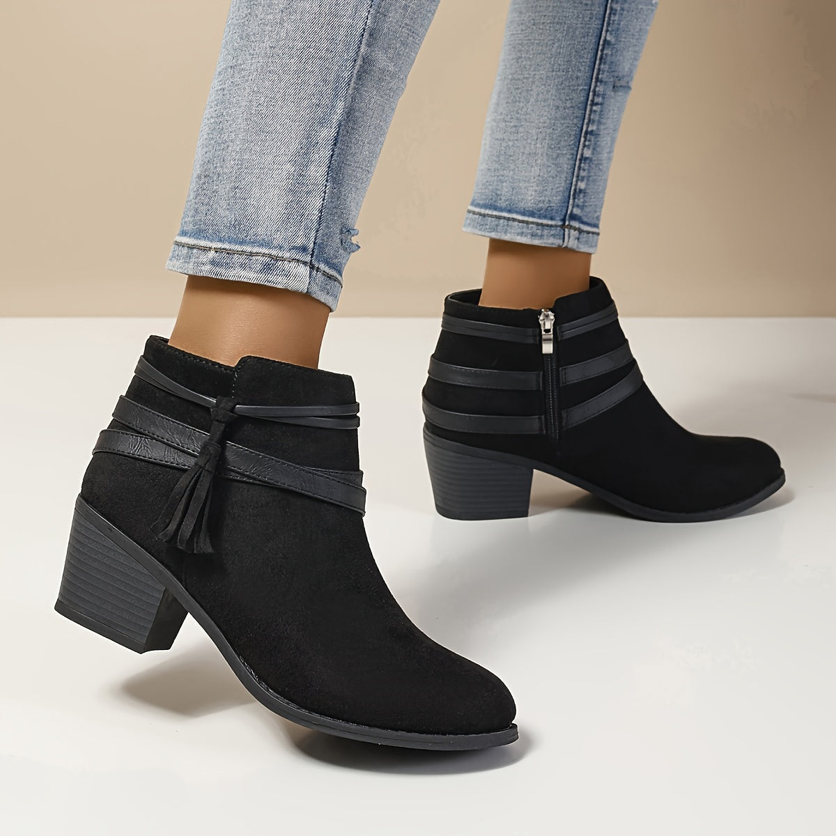 Women's Pointed Toe Tassel Wrap Ankle Boots with Block Heel, view 5