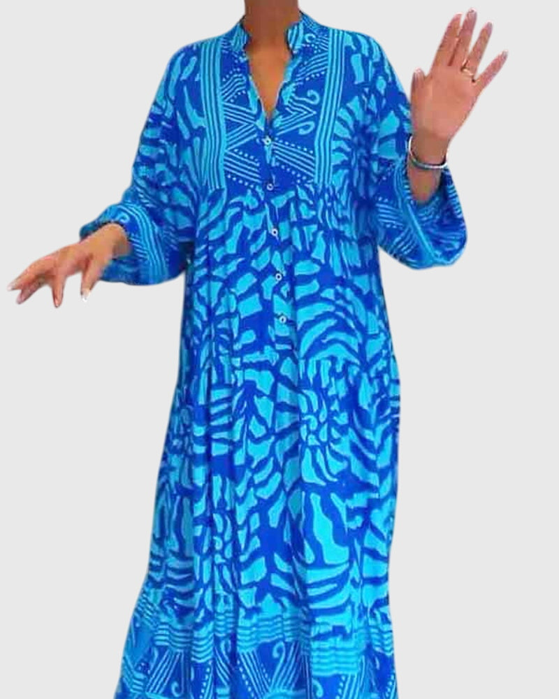 Women's Printed V-Neck Maxi Dress with Half Sleeves in Blue