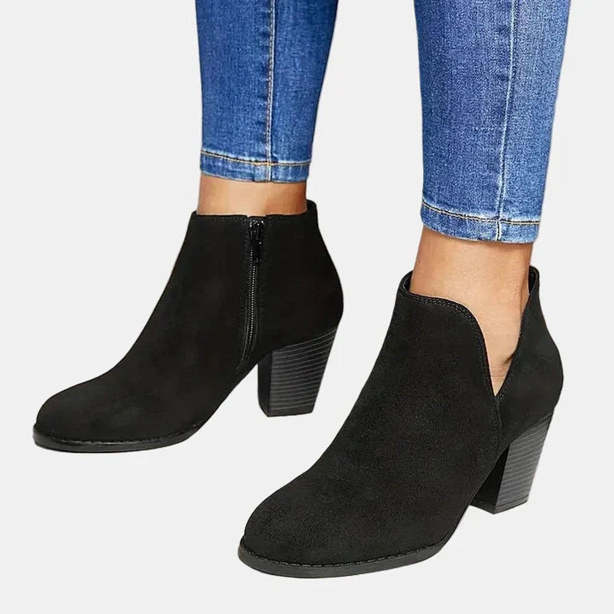 Women's Suede Block Heel Side-Zip Ankle Boots with Rounded Toe in Black