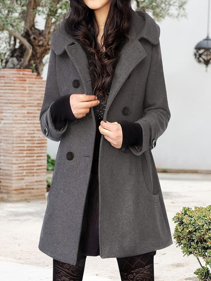 Women's Hooded Coat, Double Breasted Mid Length Winter Overcoat