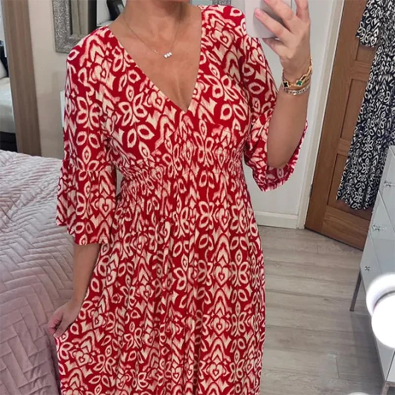 Women's Floral V-Neck Relaxed Maxi Dress in Red