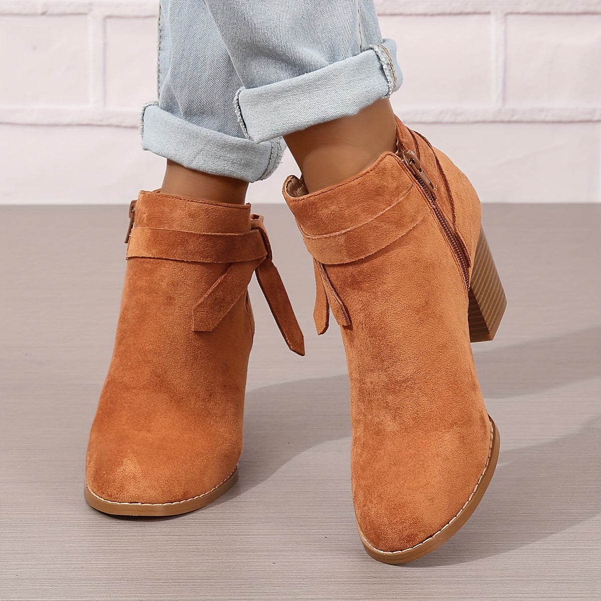 Women's Pointed Toe Ankle Boots with Rear Bow and Block Heel in Orange