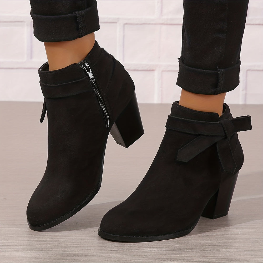 Women's Pointed Toe Ankle Boots with Rear Bow and Block Heel, view 2