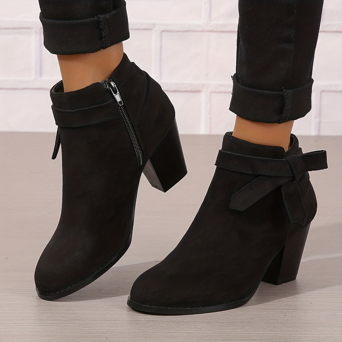 Women's Pointed Toe Ankle Boots with Rear Bow and Block Heel, view 2