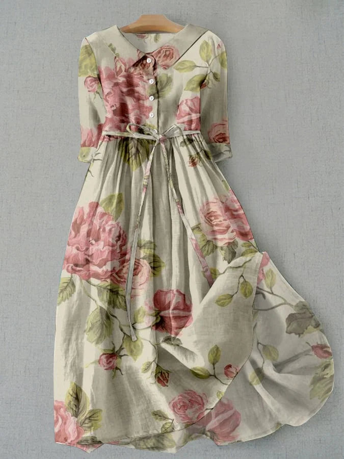 Coralie Floral Cotton Linen Midi Dress with Lace-Up Waist