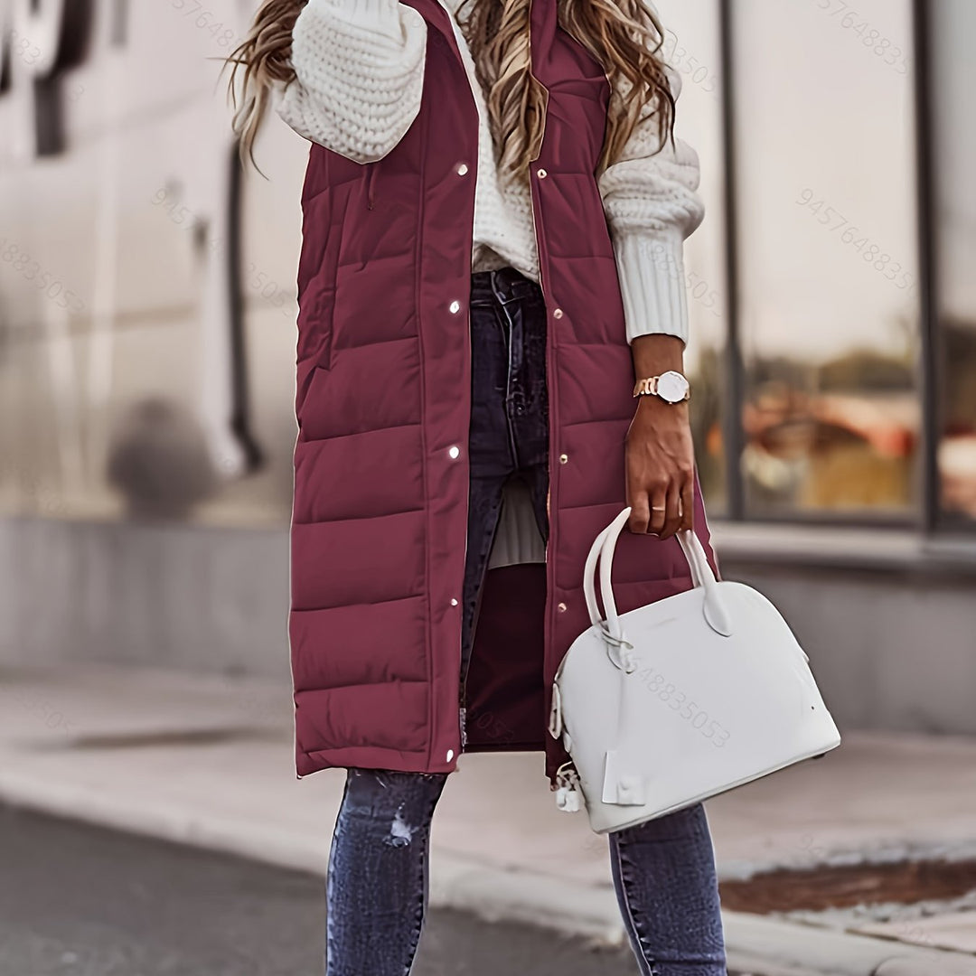 Women's Padded Vest, Longline Hooded Sleeveless Puffer Gilet