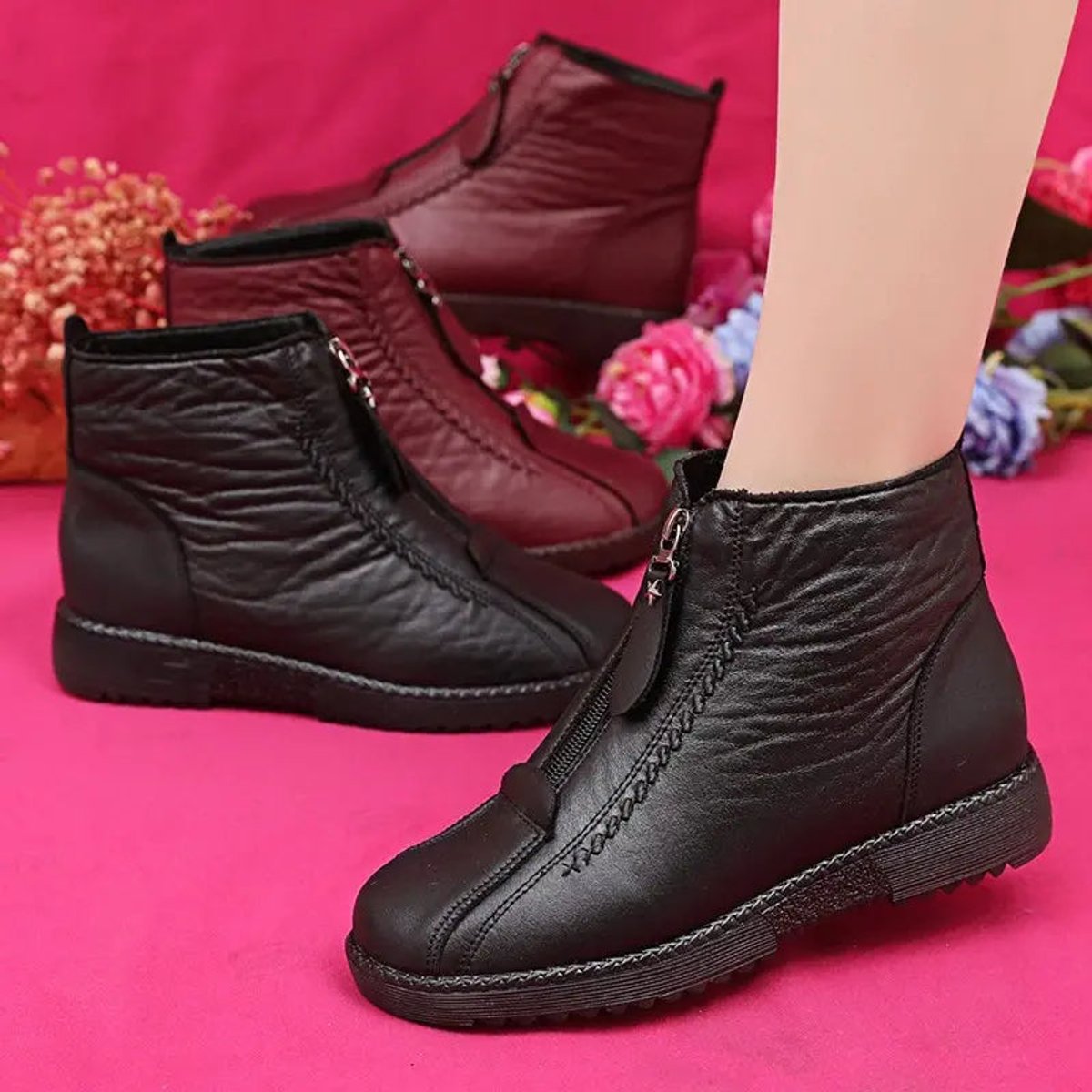 Women's Fleece-Lined Leather Ankle Boots with Slip-Resistant Sole, view 2