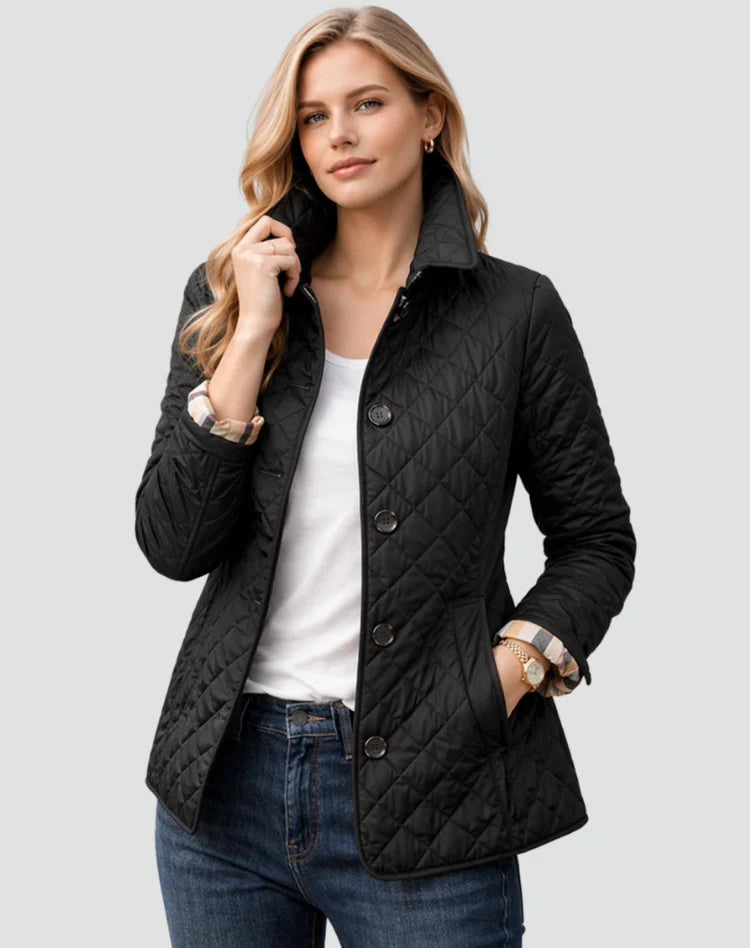 Women's Diamond Quilted Button-Front Jacket with Collar in Black