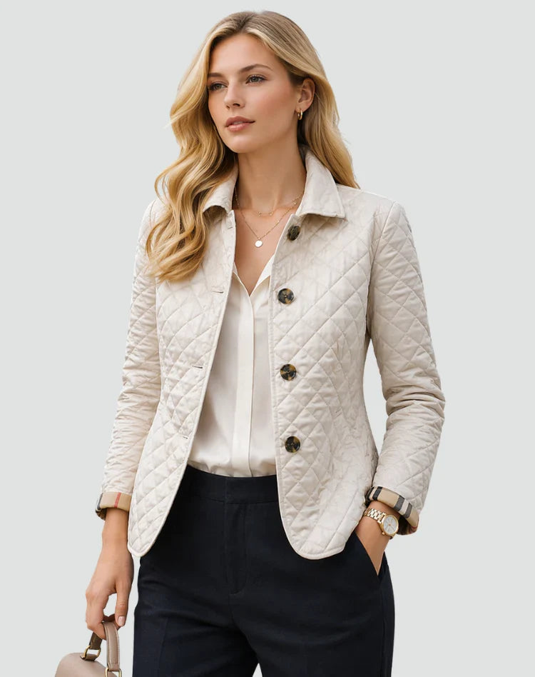Women's Diamond Quilted Button-Front Jacket with Collar in White