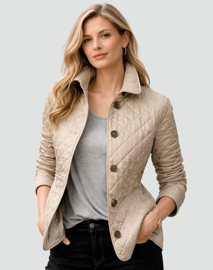 Women's Diamond Quilted Button-Front Jacket with Collar in Khaki