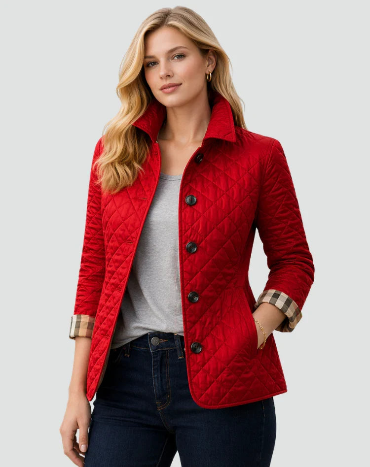 Women's Diamond Quilted Button-Front Jacket with Collar in Red