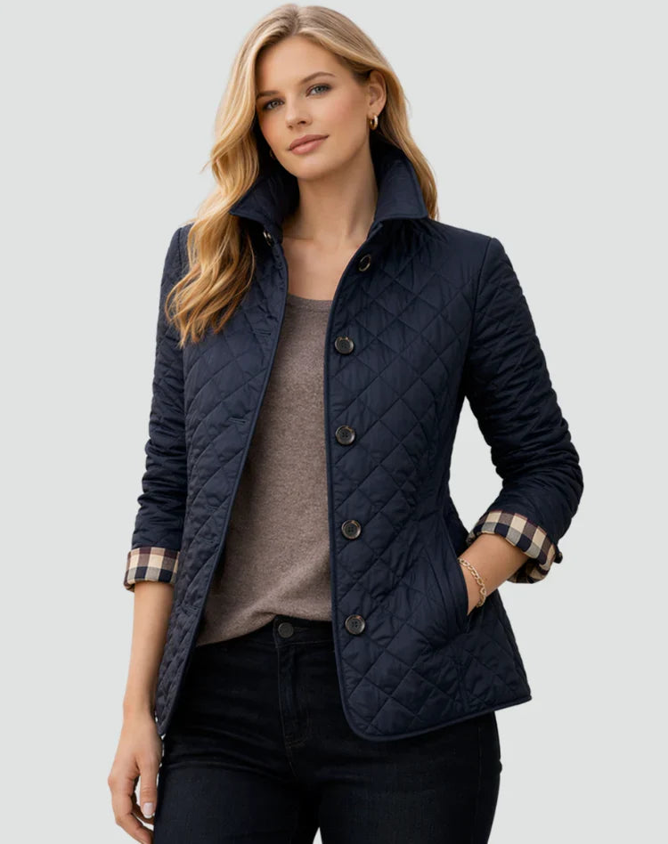 Women's Diamond Quilted Button-Front Jacket with Collar in Navy Blue