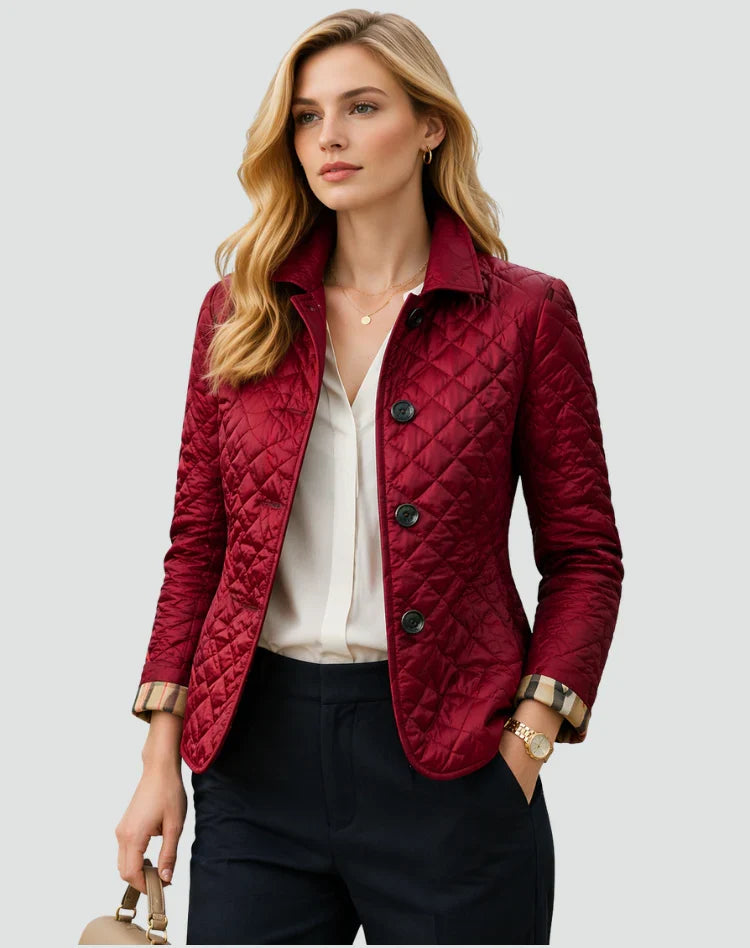 Women's Diamond Quilted Button-Front Jacket with Collar in Wine Red
