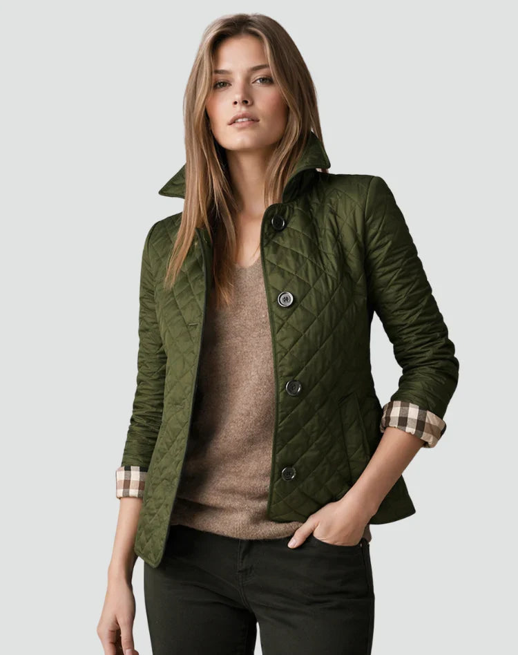 Women's Diamond Quilted Button-Front Jacket with Collar in Green